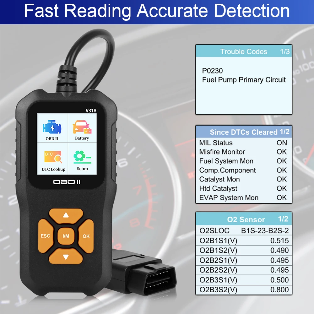 Car Diagnostic Tool V318 OBD2 Scanner Check Engine System Battery Tester Code Reader Read Vehicle Information Multi-language