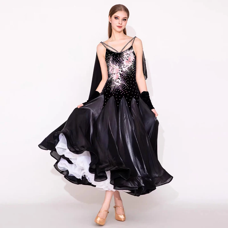 

Standard Ballroom Modern Dance Dresses Adult Premium Black Embroidery Ballroom Competition Dance Dress Women Waltz Dancing Skirt