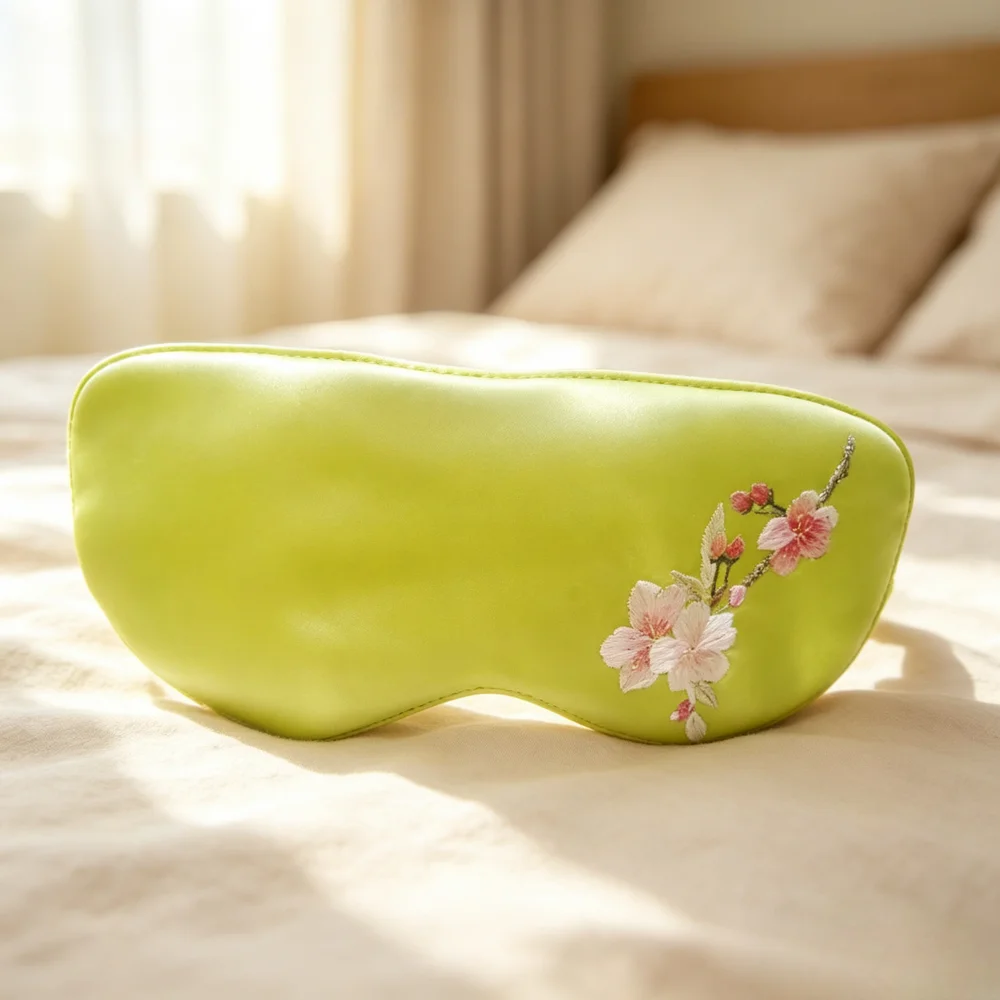 Mulberry Silk Sleep Mask – Green Base with Embroidered Floral Design, Breathable & Gentle, Perfect for Travel, Relaxation & Self