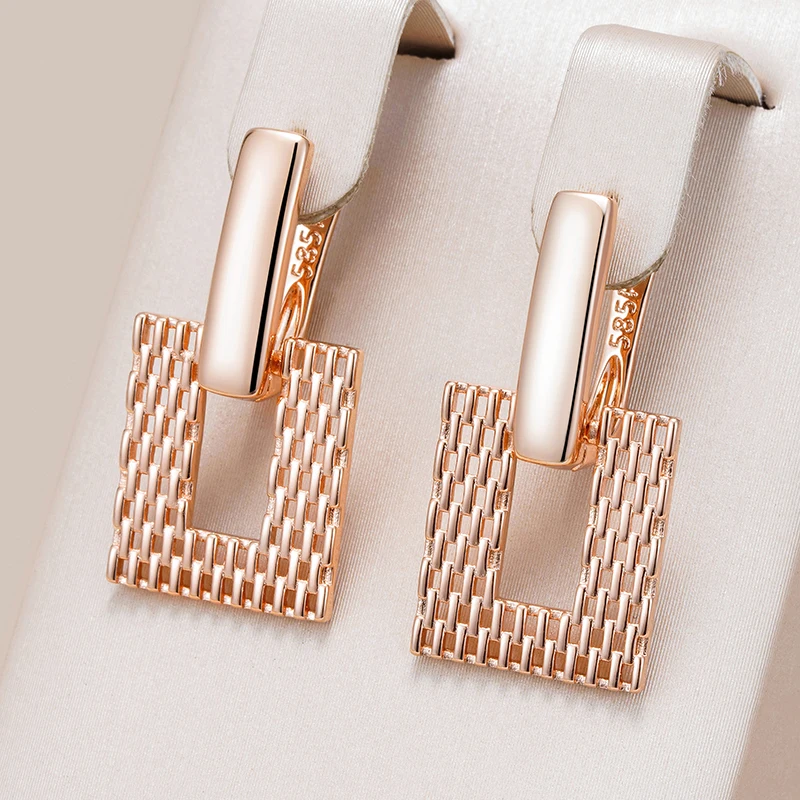 Kinel Trendy 585 Rose Gold Color Square Dangle Earrings for Women Luxury Hollow Weave Pattern Vintage Bride Wedding Fine Jewelry