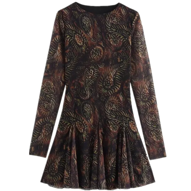 ฤดูใบไม้ร่วงฤดูหนาวใหม่มาถึงผู้หญิง ort เอว-Cinching รอบ Ne Dr ดอกไม้พิมพ์ผ้าไหม Me Commute Sle ยาว Sve