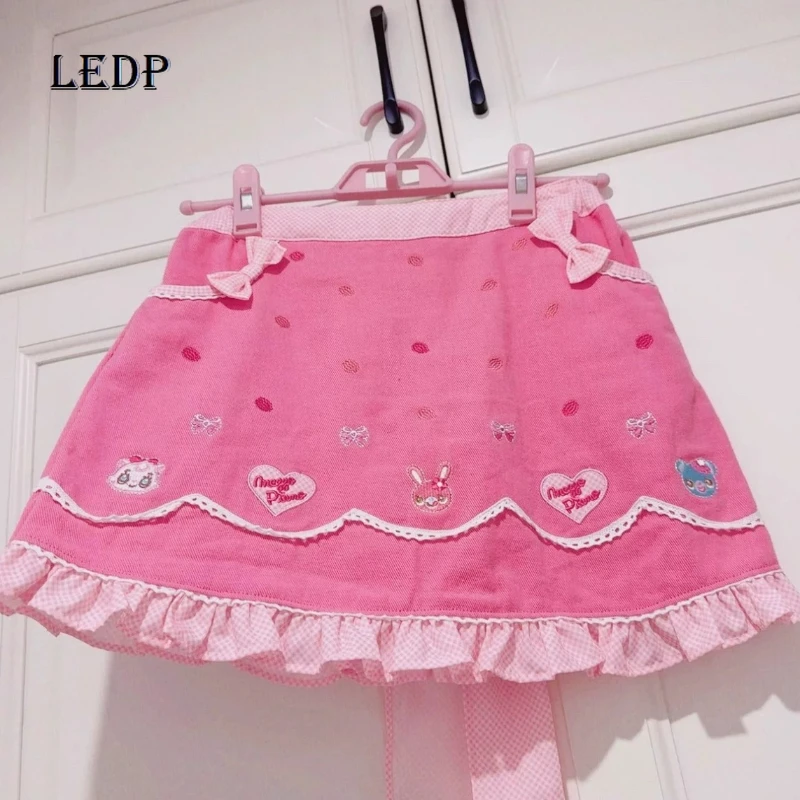 

Japanese Design Pink Splicing Sweet Lace Animal Embroidery Women's Skirt 2025 Summer New Cute Bow Versatile Mini Skirs Ladies