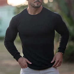 Spring Autumn comfortable Sports T-shirt Fitness elastic Round neck stripe Long Sleeve T-shirt men quick-dry training sportswear