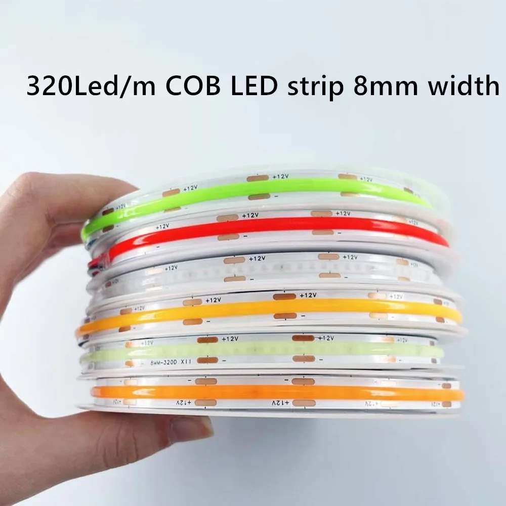 

DC 5V 12V 24V COB LED Strip Light 320LEDs/m High Density Flexible Warm White COB LED Tape Light Bar 8MM PCB Decor Linear Light
