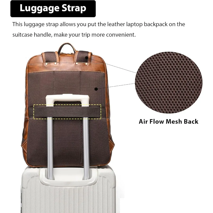 حقيبة ظهر من الجلد المدبوغ بالخضراوات من LANNSYNE للرجال مقاس 17 بوصة حقيبة ظهر للكمبيوتر المحمول كاجوال للعمل في الهواء الطلق حقيبة ظهر للسفر بسحابات YKK #5