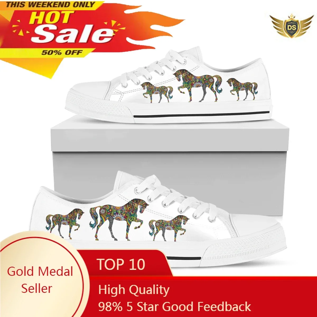 New Horse Painting Ladies Low-top White Flats Canvas Shoes Women Casual Vulcanized Shoes Plus Size 43 44 45 46