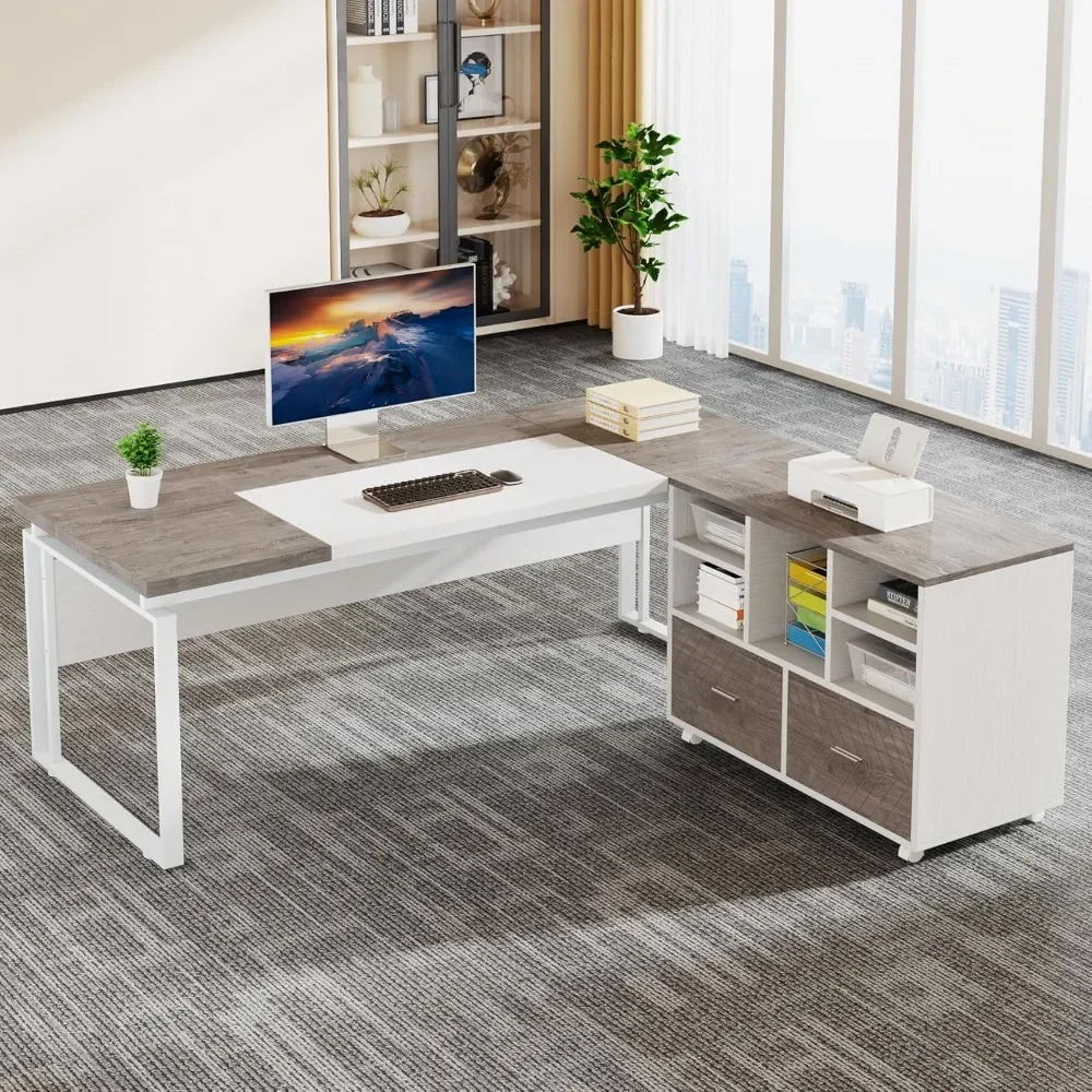 L-Shaped Executive Desk with Reversible File Cabinet, 63