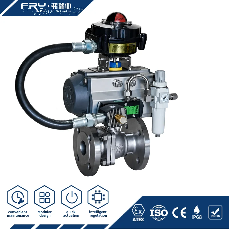 Quarter-turn Pneumatic Flanged Floating Ball Valve PTFE Seat With ATEX Limit Switch Solenoid Pilot Valve Air Filter Regulator