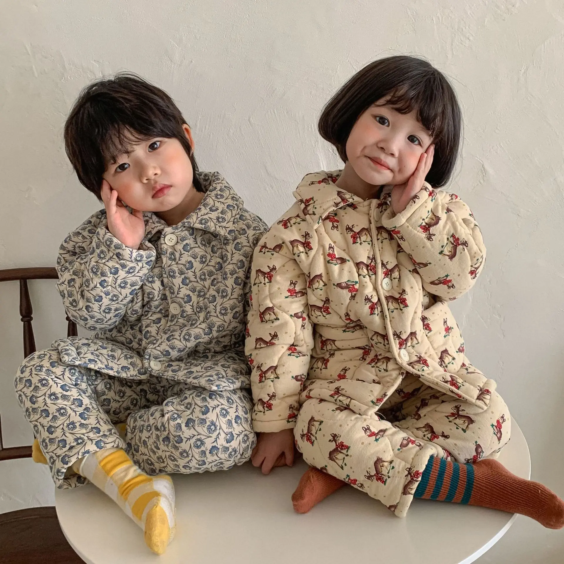 

Kids Pajama Sets 2021 Winter Thickened Girls Pure Cotton Baby Plus Velvet Three-layer Quilted Boys Home Suit Clothing 2-6T