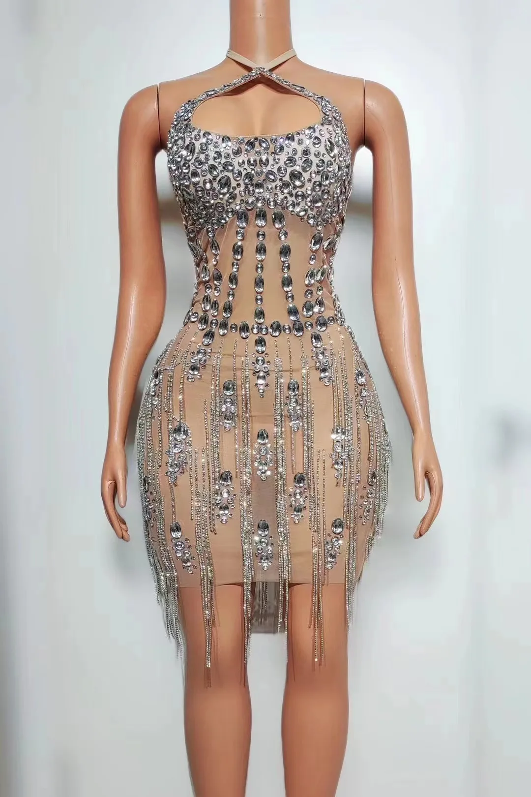 

Sparkly Rhinestones Fringes Mesh See Through Mini Dress Women Celebrate Birthday Wedding Evening Dresses Sexy Show Stage Wear