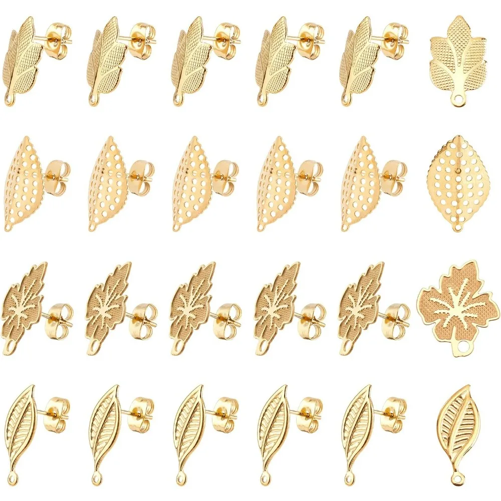 Boucles d'Oreilles Dorées en Acier Inoxydable, 4 Styles, Hypoallergénique, Cuir oral elu d'Arbre, 24 Pièces