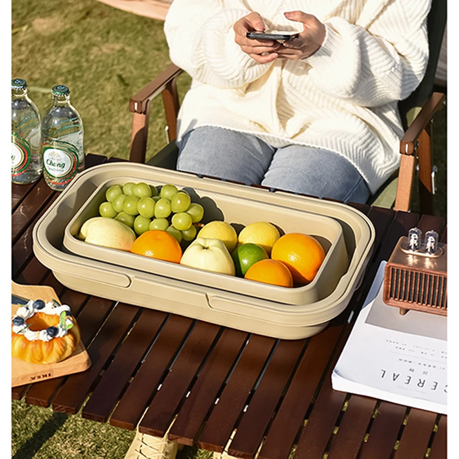 Outdoor picnic basket with lid, table board, camping and picnic multifunctional portable basket box, plastic storage basket, fol