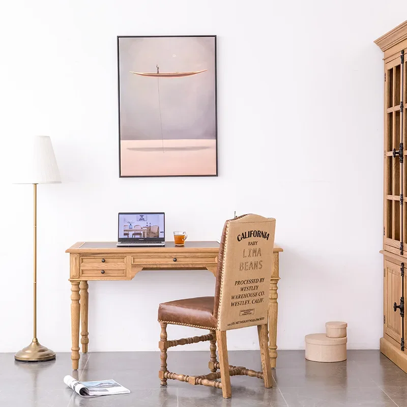 مكتب مكتب ثلاثي المضخات من خشب البلوط الريفي على الطراز الأمريكي، مكتب كمبيوتر على الطراز الأوروبي، مكتب كتابة بسيط، قراءة من الخشب الصلب #3