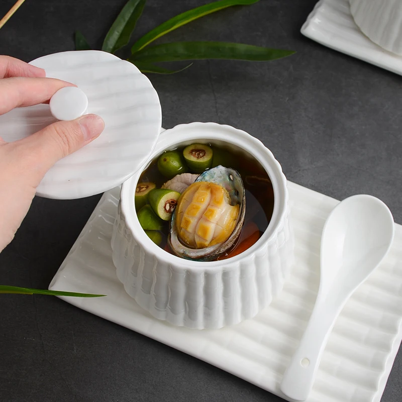 White Chinese Water-proof Stew Restaurant Dessert Bird's Nest Bowl with Dish Lid Spoon Home Ceramic Soup Cup Creative Tableware