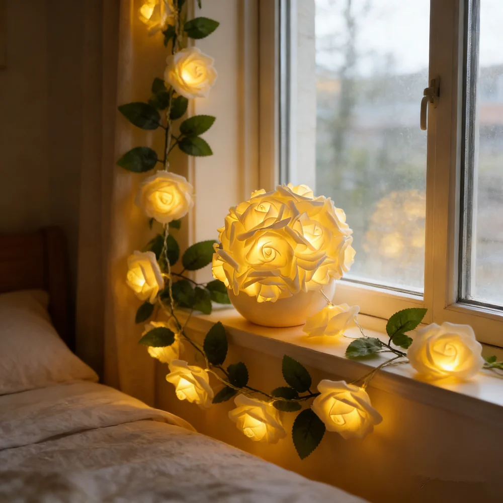 3M 20LED Garden Night Light Wedding Holiday Decoration LED White Pink Red Blue Rose Flower String Light for Room Without Battery