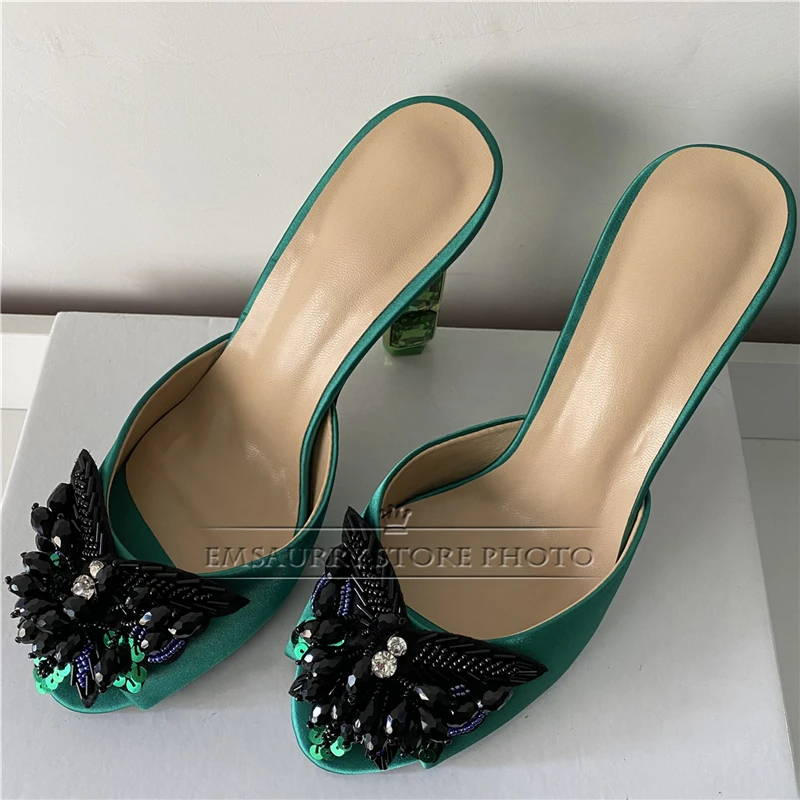 Unique Crystal Diamond High Heel Sandals Women Luxury Satin Slingbacks Jeweled Beads Butterfly-Flower Summer Shoes