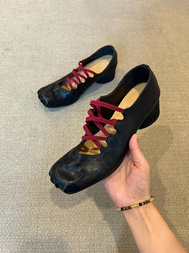 

2024 Autumn Women's Pumps Retro Cross-strap Wide Heels Single Shoe Soft Leather Square Head Shallow Mouth Ballet Shoes Woman