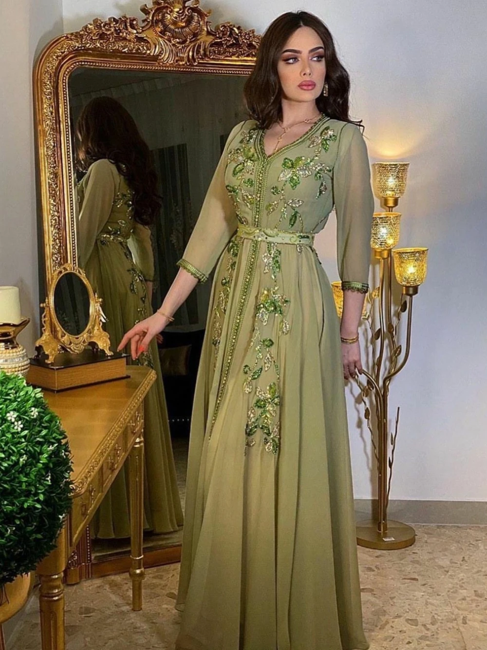 Grüne elegante Abendkleider mit V-Ausschnitt Mode Chiffon Pailletten Brautkleid Kaftan Perlen boden langes Kleid Robe de Mariée