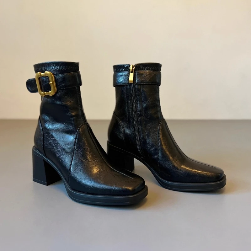 حذاء نسائي ذو نعل سميك وكعب سميك ومقدمة مربعة وسحاب جانبي مقاوم للماء، متعدد الاستخدامات ومضاد للانزلاق وجيد التهوية للكاحل #3