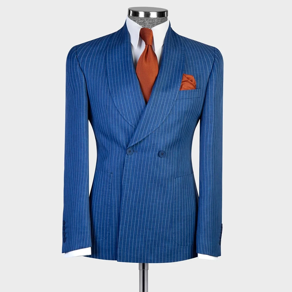 

Роскошные мужские костюмы в тонкую полоску, комплект из двух предметов, куртка, брюки, модная двубортная шаль с лацканами, облегающая мужская одежда, блейзер на заказ