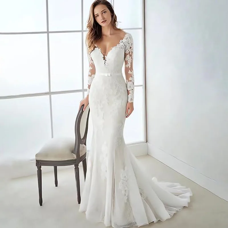 

Fair Lady Wedding Dresses for Bride 2024 V Neck Beaded Straps Lace Appliques Bridal Gown for Women