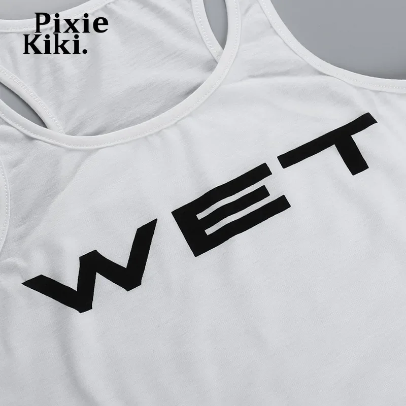 WET プリント ホワイト タンクトップ PixieKiki ウェットレタープリント白クロップトップシャツ Y2k