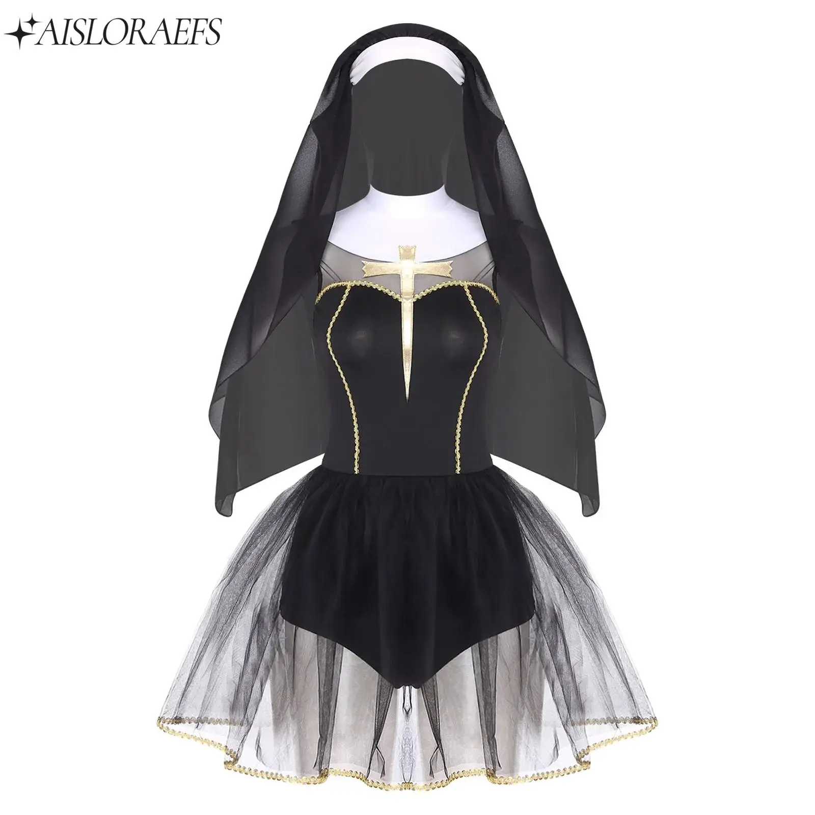 

New Womens Halloween Nun Cosplay Costume Sister Clergy Dress-up Party Outfit 2-layer Tulle Hem Built-in Briefs Dress+Wimple Hood