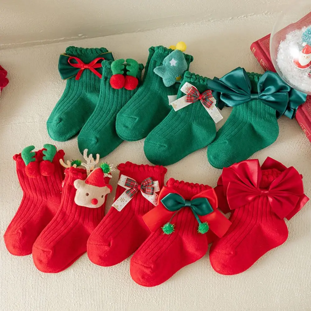 

Elastic Red Green Children Christmas Socks Bowknot Christmas Tree Mid Tube Socks Antlers Stripe Kid Cotton Socks Children