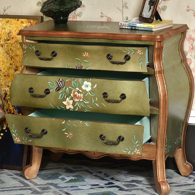 American Country Style Three Tier Solid Wood Cabinet Bedroom Bedside Storage Drawer Unit Living Room Dining Room Sideboard