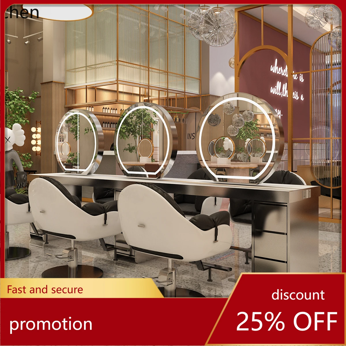 

HT mirror table hair salon barber shop with desktop hair cutting, perm and dyeing area, mirror and cabinet integrated