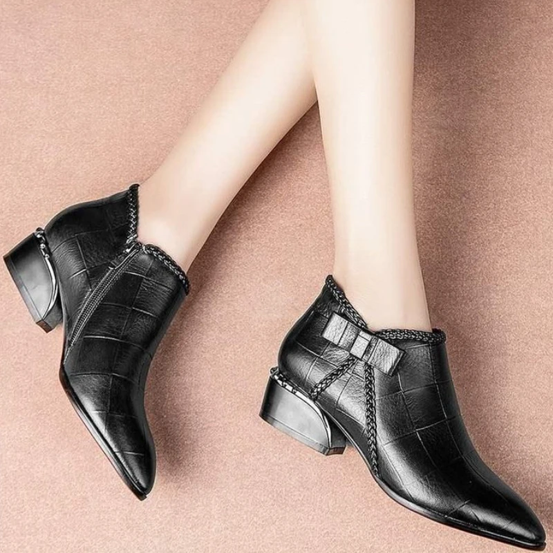 Pointed Toe Beige Square Heel Women Boots 2023 Fashion Butterfly-knot Ankle Boots Zipper PU Leather Rubber Zapatos Mujer