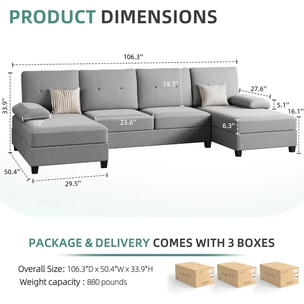 Sofa Couches for Living Room, 4 Seat U-Shaped Sofa Couch Living Room Furniture Sets Clearance with Double Chaises