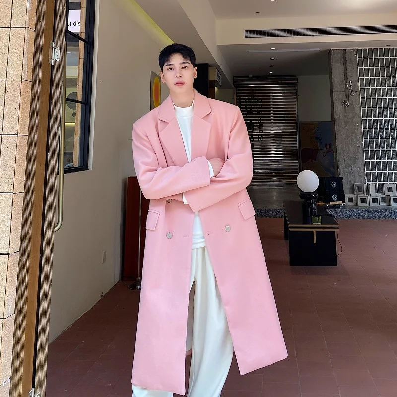 Autumn Winter Men Korean Streetwear Fashion Loose Casual Vintage Pink Woolen Long Trench Coat Women Windbreak Jacket Overcoat