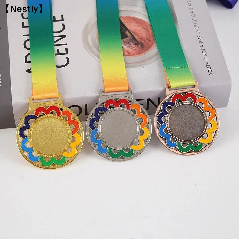 1Pcs Flowers Colour Medal With Color Ribbon Gold Silver Copper Color Blank Medals For Various Competitions Souvenir〔Nest〕