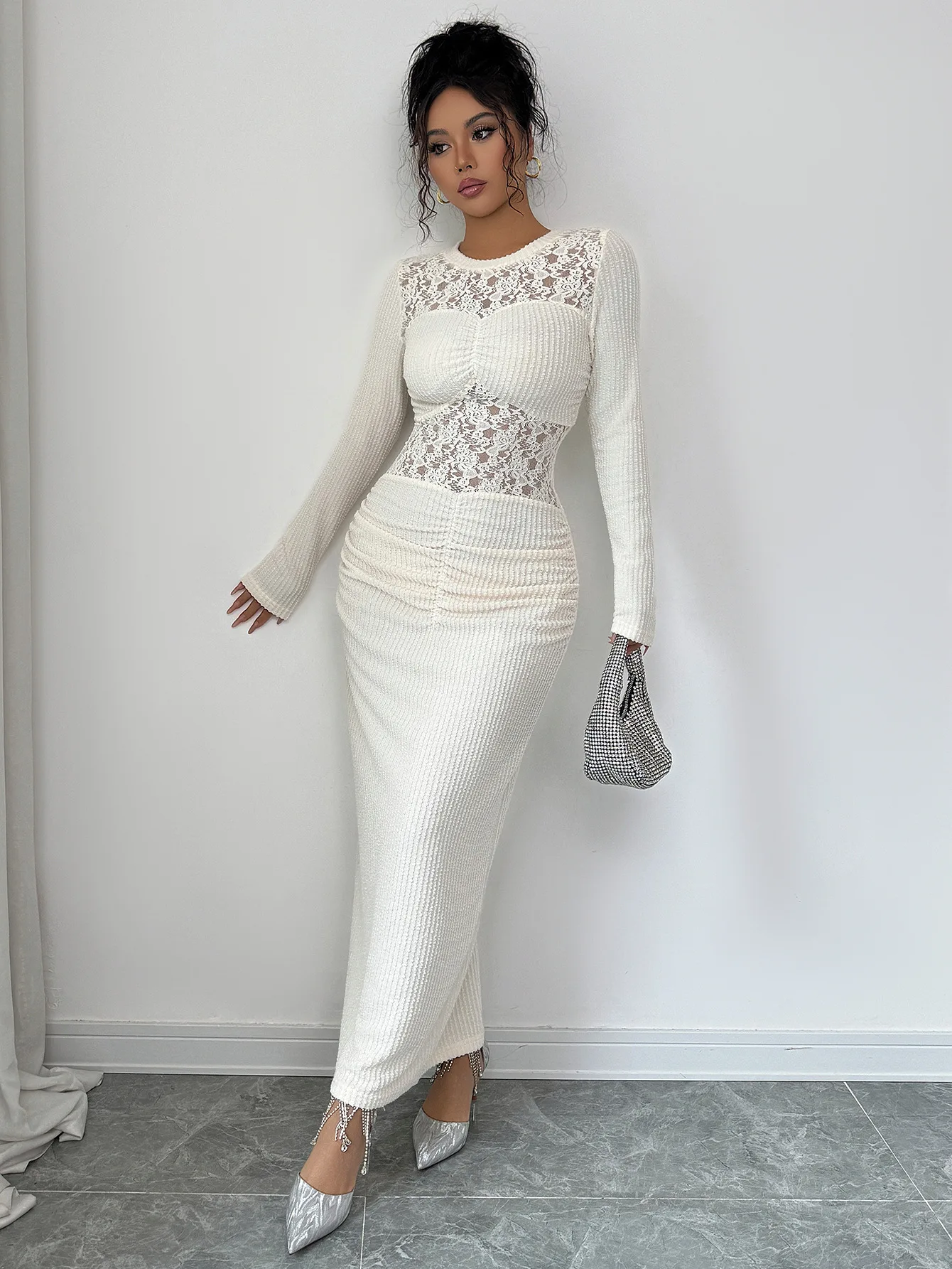 

Women's Dress Best seller White Ribbed Knit Lace Patchwork Long Sleeve Bodycon Maxi Dress Sexy Party Wedding Guest Evening Dress