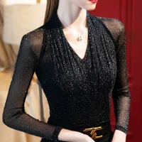 Women Spring Autumn Style Mesh Blouses Shirts Lady Sexy Long See Through Sleeve V-Neck Patchwork Blusas Tops WY1002 - Image 3