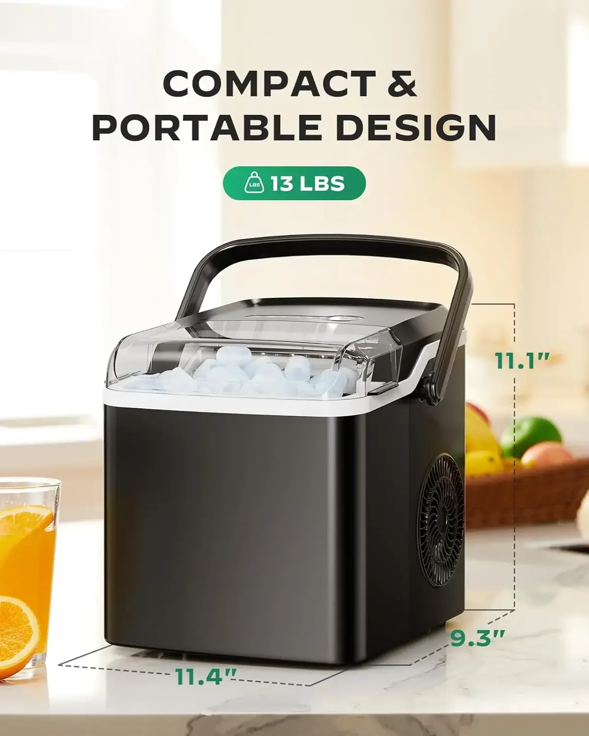 Efficient Countertop Ice Maker produces 9 crystal-clear Cubes in just 6 Mins, yields 26lbs in 24Hrs, includes Self-Cleaning feat