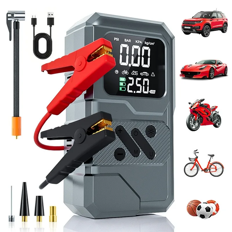 Portable Auto Emergency Jump Starter Built-In Tire Inflator, Multi-function Vehicle Battery Booster For Road Breakdown