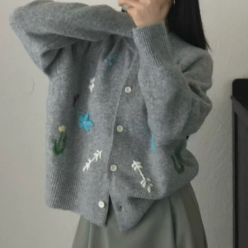 

Women Embroidery Cardigan Sweaters Solid Knitted Jumpers O Neck Long Sleeves Single Breasted Straight Casual Autumn Winter 2025