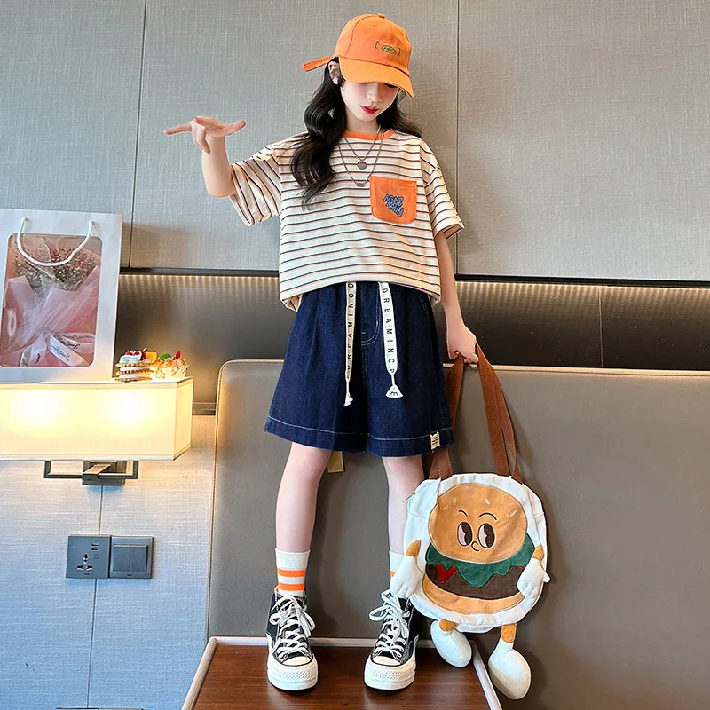 2024 Korean Summer Junior Girl Tracksuit Elementary Girl Striped Short Sleeve T-shirt+Denim Straight Shorts Set For Girl 4-12Yrs