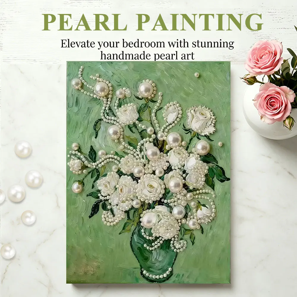 Kits de peinture artistique Huacan DIY avec perles pour adultes et débutants, peinture de vase à roses blanches, décoration murale artisanale, cadeau fait main