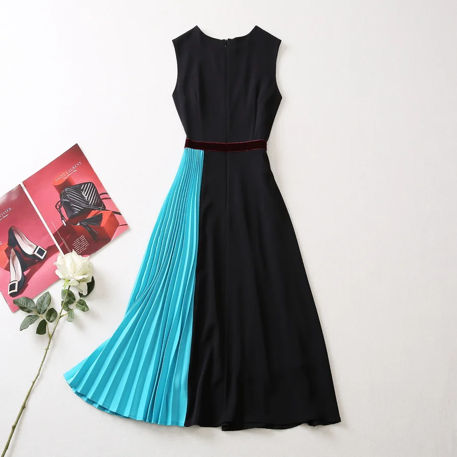 Estate 2025 nuovi stili di abbigliamento femminile europeo e americano Abito plissettato con combinazione di colori girocollo senza maniche