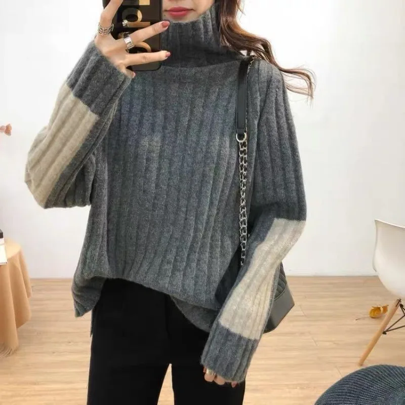 

2024 Winter Women's Turtleneck Sweater Warm Pullover Elegant Top Loose Casual Retro Contrast Color Jumpers Q665