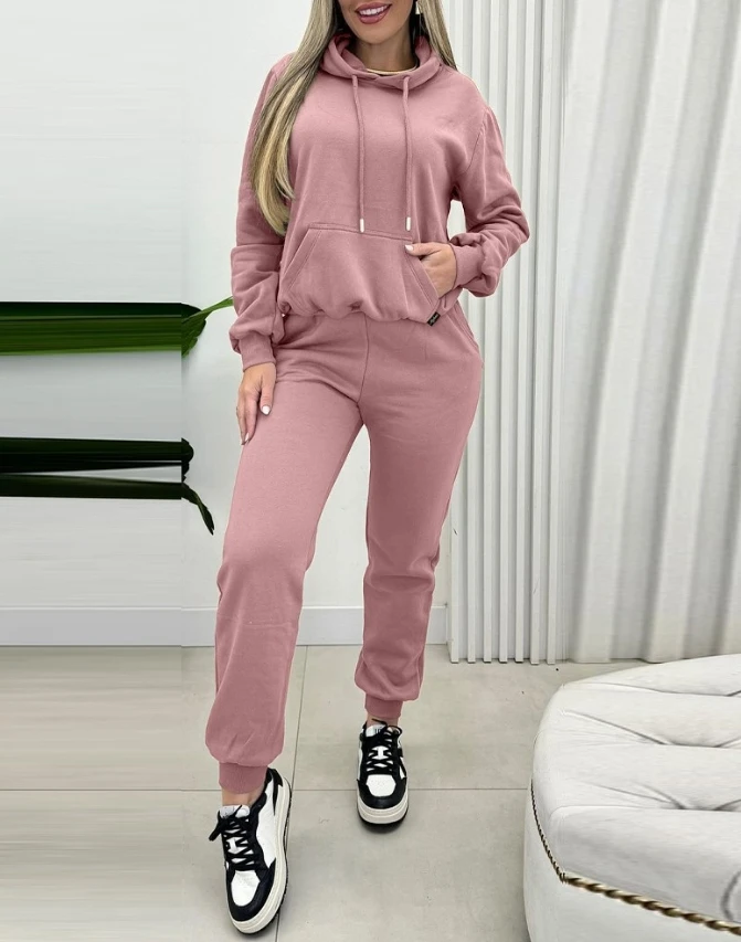 Warm Pants Two Piece Set Woman Long Sleeved Shirt with Hat Product Solid Leisure Trousers Sports Suit 2024 Autumn and Winter New