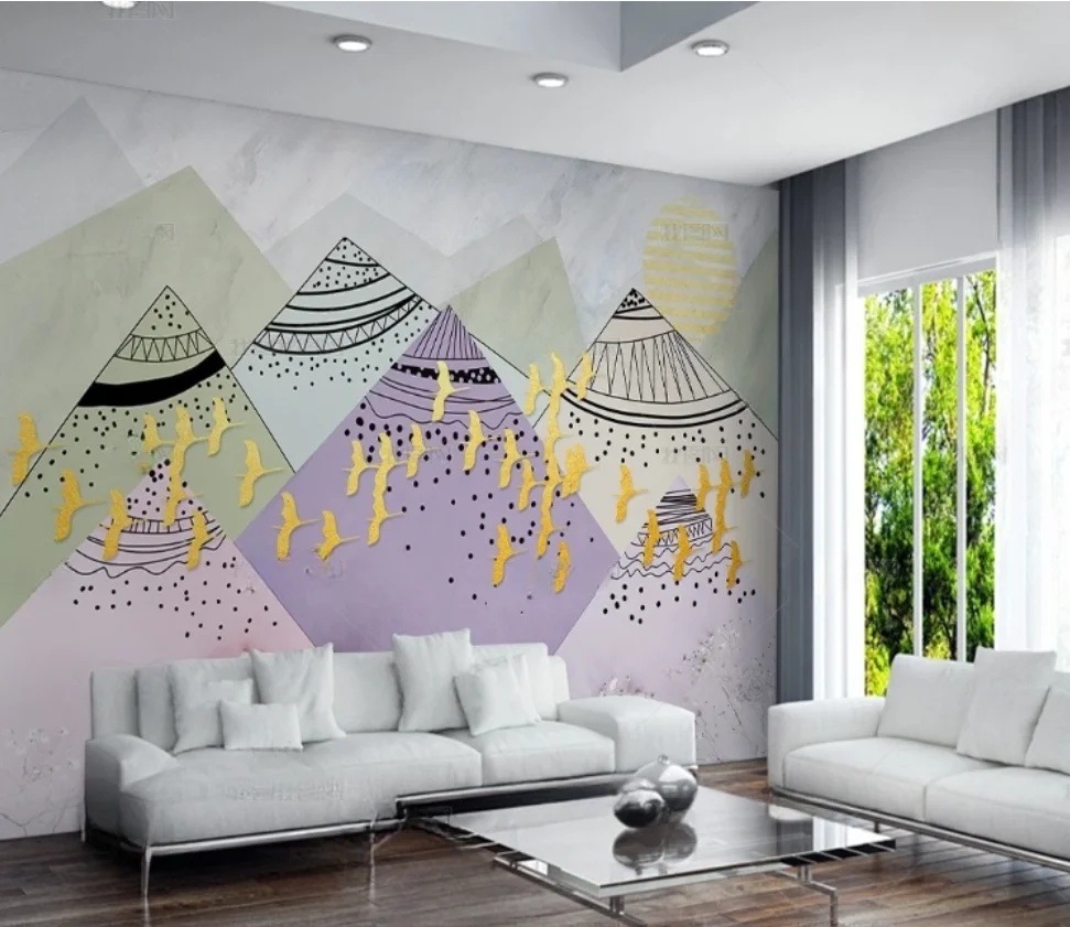 

Пользовательские скандинавские геометрические горы летающие птицы лес фото настенные обои гостиная ТВ спальня фон настенные обои