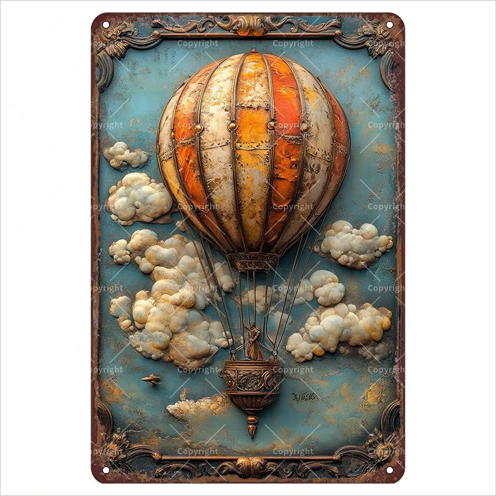 Vintage Tin Sign  - Hot Air Balloon with Clouds Flat Metal Tin Signs with 3D Effect - Retro Tin Sign for Adventure Lovers and