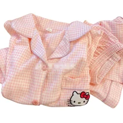 Hello Kitty plaid kawaii pajamas for women summer new creative cartoon short-sleeved student home clothes set holiday gift