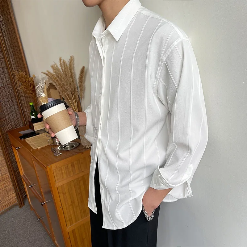 Spring Autumn Men's Long Sleeve Loose Fit Textured Shirt Youth Fashion Casual White Dress Shirt Premium Drape Outerwear