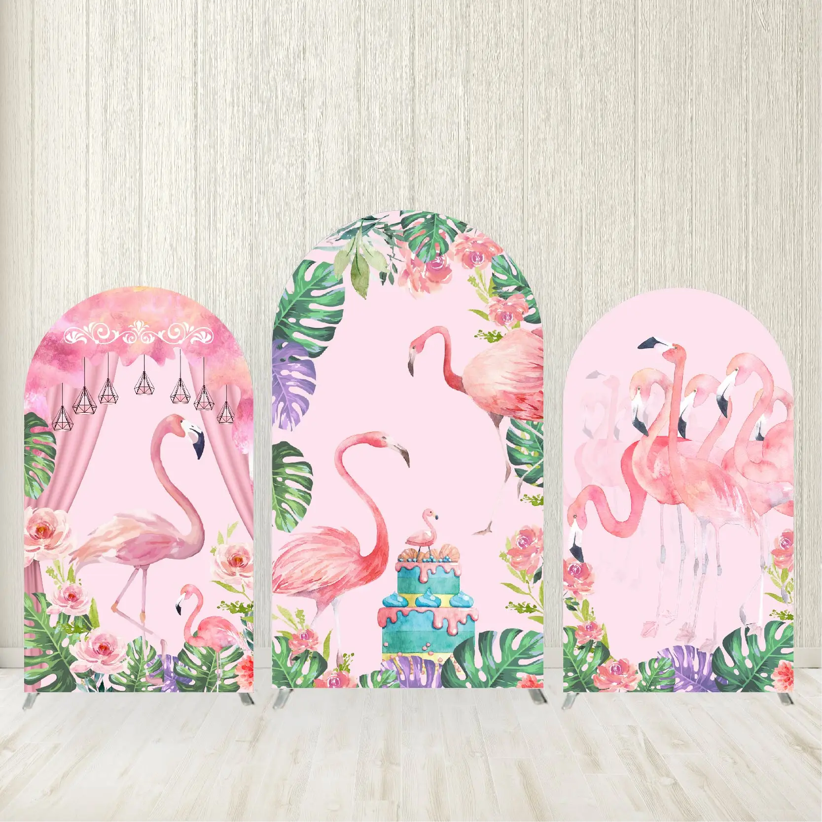 

Pink Backdrop Arch Cover Flamingos and Palm Leaves Theme Elastic Fabric Cloth Cover Kids Birthday Party Background Decoration