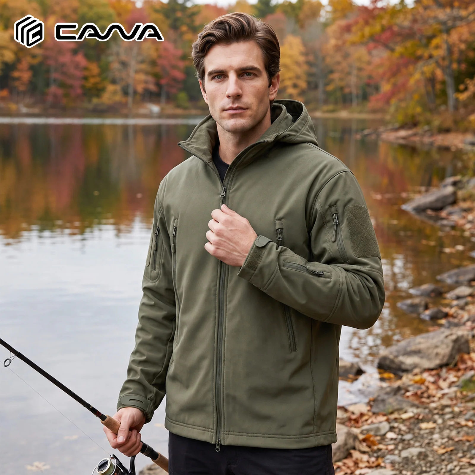 Men's Tactical Softshell Jacket Waterproof Breathable Windproof Fleece Lined Winter Coat with Multi-Pockets Adjustable Hood for Hiking Ski
